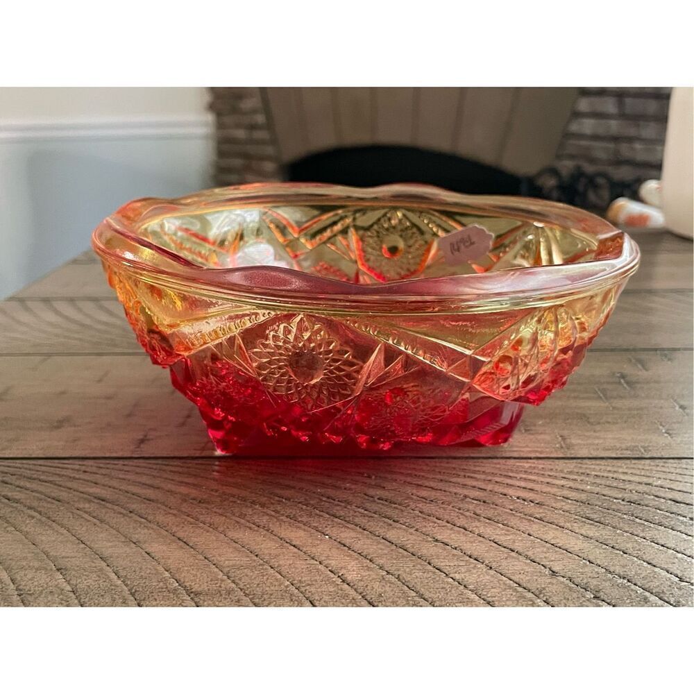 Vintage Jeannette Etched Glass Amberina Bowl Red Three Footed‎ Kitchen Decor 7x3